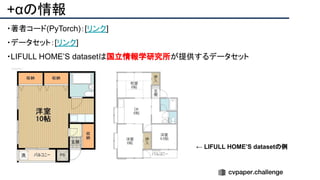 +αの情報
・著者コード(PyTorch)：[リンク]
・データセット：[リンク]
・LIFULL HOME’S datasetは国立情報学研究所が提供するデータセット
← LIFULL HOME’S datasetの例
 