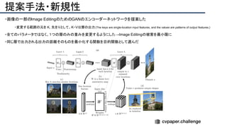 提案手法・新規性
・画像の一部のImage EditingのためのGANのエンコーダーネットワークを提案した
・変更する範囲の元を K, 先をVとして、K・Vは層の出力(The keys are single-location input features, and the values are patterns of output features.)
・全てのパラメータではなく、１つの層のみの重みを変更するようにした→Image Editingの被害を最小限に
・同じ層で出力される出力の距離そのものを最小化する関数を目的関数として選んだ
 