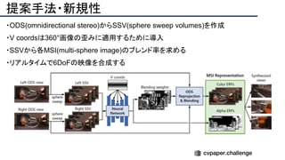 提案手法・新規性
・ODS(omnidirectional stereo)からSSV(sphere sweep volumes)を作成
・V coordsは360°画像の歪みに適用するために導入
・SSVから各MSI(multi-sphere image)のブレンド率を求める
・リアルタイムで6DoFの映像を合成する
 