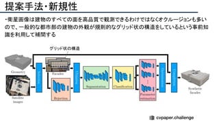 提案手法・新規性
・衛星画像は建物のすべての面を高品質で観測できるわけではなくオクルージョンも多い
ので、一般的な都市部の建物の外観が規則的なグリッド状の構造をしているという事前知
識を利用して補間する
グリッド状の構造
 