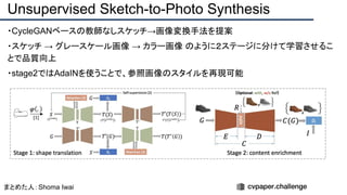 ・CycleGANベースの教師なしスケッチ→画像変換手法を提案
・スケッチ → グレースケール画像 → カラー画像 のように２ステージに分けて学習させるこ
とで品質向上
・stage2ではAdaINを使うことで、参照画像のスタイルを再現可能
Unsupervised Sketch-to-Photo Synthesis
まとめた人：Shoma Iwai
 