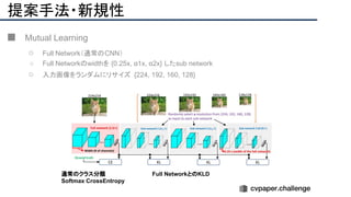提案手法・新規性
■ Mutual Learning
○ Full Network（通常のCNN）
○ Full Networkのwidthを {0.25x, α1x, α2x} したsub network
○ 入力画像をランダムにリサイズ {224, 192, 160, 128}
通常のクラス分類
Softmax CrossEntropy
Full NetworkとのKLD
 