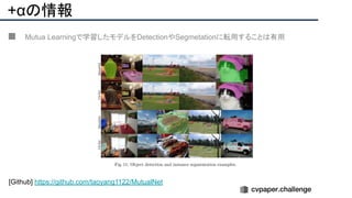 +αの情報
■ Mutua Learningで学習したモデルをDetectionやSegmetationに転用することは有用
[Github] https://github.com/taoyang1122/MutualNet
 