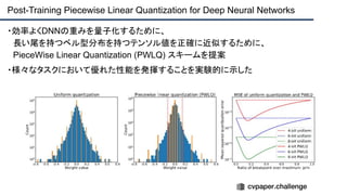 Post-Training Piecewise Linear Quantization for Deep Neural Networks
・効率よくDNNの重みを量子化するために、
　長い尾を持つベル型分布を持つテンソル値を正確に近似するために、
　PieceWise Linear Quantization (PWLQ) スキームを提案
・様々なタスクにおいて優れた性能を発揮することを実験的に示した
 