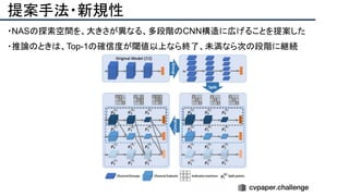 提案手法・新規性
・NASの探索空間を、大きさが異なる、多段階のCNN構造に広げることを提案した
・推論のときは、Top-1の確信度が閾値以上なら終了、未満なら次の段階に継続
 