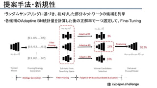 提案手法・新規性
・ランダムサンプリングに基づき、枝刈りした部分ネットワークの候補を列挙
・各候補のAdaptive BN統計量を計算した後の正解率で一つ選定して、Fine-Tuning
 