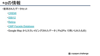 +αの情報
・使用されたデータセット
・CREMI
・ISBI12
・Retina
・CMP Facade Database
・Google Map からスクレイピングされたデータ ( Pix2Pix で用いられたもの)
 