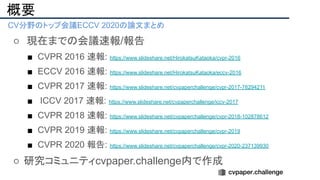 概要
● CV分野のトップ会議ECCV 2020の論文まとめ
○ 現在までの会議速報/報告
■ CVPR 2016 速報: https://www.slideshare.net/HirokatsuKataoka/cvpr-2016
■ ECCV 2016 速報: https://www.slideshare.net/HirokatsuKataoka/eccv-2016
■ CVPR 2017 速報: https://www.slideshare.net/cvpaperchallenge/cvpr-2017-78294211
■ ICCV 2017 速報: https://www.slideshare.net/cvpaperchallenge/iccv-2017
■ CVPR 2018 速報: https://www.slideshare.net/cvpaperchallenge/cvpr-2018-102878612
■ CVPR 2019 速報: https://www.slideshare.net/cvpaperchallenge/cvpr-2019
■ CVPR 2020 報告: https://www.slideshare.net/cvpaperchallenge/cvpr-2020-237139930
○ 研究コミュニティcvpaper.challenge内で作成
 