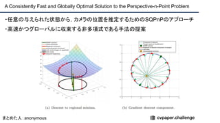 ・任意の与えられた状態から，カメラの位置を推定するためのSQPnPのアプローチ
・高速かつグローバルに収束する非多項式である手法の提案
A Consistently Fast and Globally Optimal Solution to the Perspective-n-Point Problem
まとめた人：anonymous
 