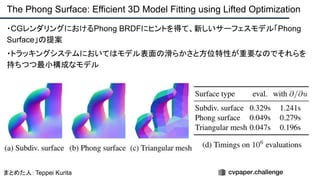 ・CGレンダリングにおけるPhong BRDFにヒントを得て、新しいサーフェスモデル「Phong
Surface」の提案
・トラッキングシステムにおいてはモデル表面の滑らかさと方位特性が重要なのでそれらを
持ちつつ最小構成なモデル
The Phong Surface: Efficient 3D Model Fitting using Lifted Optimization
まとめた人：Teppei Kurita
 