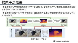 提案手法概要
・単眼画像から単眼深度推定ネットワークを介して，学習用のステレオ画像と視差画像を生
成するパイプラインの提案した．
・単眼画像に対応するステレオ画像は，視差画像の視差分単眼画像のピクセルをずらすこ
とで合成する．
提案手法のパイプライン
 