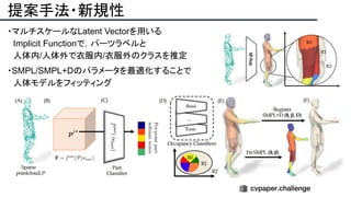 提案手法・新規性
・マルチスケールなLatent Vectorを用いる
　Implicit Functionで，パーツラベルと
　人体内/人体外で衣服内/衣服外のクラスを推定
・SMPL/SMPL+Dのパラメータを最適化することで
　人体モデルをフィッティング
 