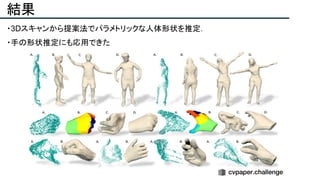 結果
・3Dスキャンから提案法でパラメトリックな人体形状を推定．
・手の形状推定にも応用できた
 