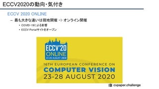 ECCV2020の動向・気付き
• ECCV 2020 ONLINE 
– 最も大きな違いは現地開催 -> オンライン開催 
• COVID-19による影響 
• ECCV Portalサイトをオープン 
 