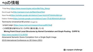 +αの情報
・Yida Wang [https://www.researchgate.net/profile/Yida_Wang]
David Joseph Tan[http://campar.in.tum.de/Main/DavidTan]
Nassir Navab[https://scholar.google.de/citations?user=kzoVUPYAAAAJ&hl=ja]
Federico Tombari[https://scholar.google.com/citations?user=TFsE4BIAAAAJ&hl=ja]
Technische Universitat Munchen, Google Inc
・project page：[https://www.merl.com/research/license#KCNet]
・この研究室は毎年のように CVPRに論文を通している
Mining Point Cloud Local Structures by Kernel Correlation and Graph Pooling　CVPR'18.
https://arxiv.org/abs/1712.06760
Adversarial Semantic Scene Completion from a Single Depth Image
2018 International Conference on 3D Vision (3DV)
 