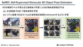 ・6Dの教師ラベル不要な自己教師あり学習による6D物体姿勢推定手法
　(a)：合成画像（RGB）で物体姿勢を学習
　(b)：リアル画像（RGB-D）で(a)の姿勢推定結果をrefinementするように学習
Self6D: Self-Supervised Monocular 6D Object Pose Estimation
まとめた人：Ryosuke Araki
 
