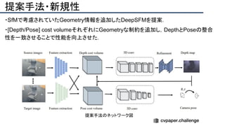 提案手法・新規性
・SfMで考慮されていたGeometry情報を追加したDeepSFMを提案．
・[Depth/Pose] cost volumeそれぞれにGeometryな制約を追加し，DepthとPoseの整合
性を一致させることで性能を向上させた．
提案手法のネットワーク図
 