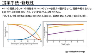 提案手法・新規性
・４つの画像から、８つの特徴を持つ４つのビューを重力で整列させて、画像の組み合わせ
を取得する確率は１００（左）。２つはランダムに整列される。
・ランダムに整列された画像が抽出される確率は、追跡時間が長いほど高くなる（右）。
 