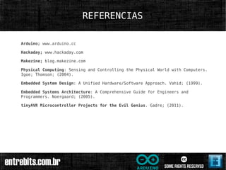 REFERENCIAS

Arduino; www.arduino.cc

Hackaday; www.hackaday.com

Makezine; blog.makezine.com

Physical Computing: Sensing and Controlling the Physical World with Computers.
Igoe; Thomson; (2004).

Embedded System Design: A Unified Hardware/Software Approach. Vahid; (1999).

Embedded Systems Architecture: A Comprehensive Guide for Engineers and
Programmers. Noergaard; (2005).

tinyAVR Microcontroller Projects for the Evil Genius. Gadre; (2011).
 