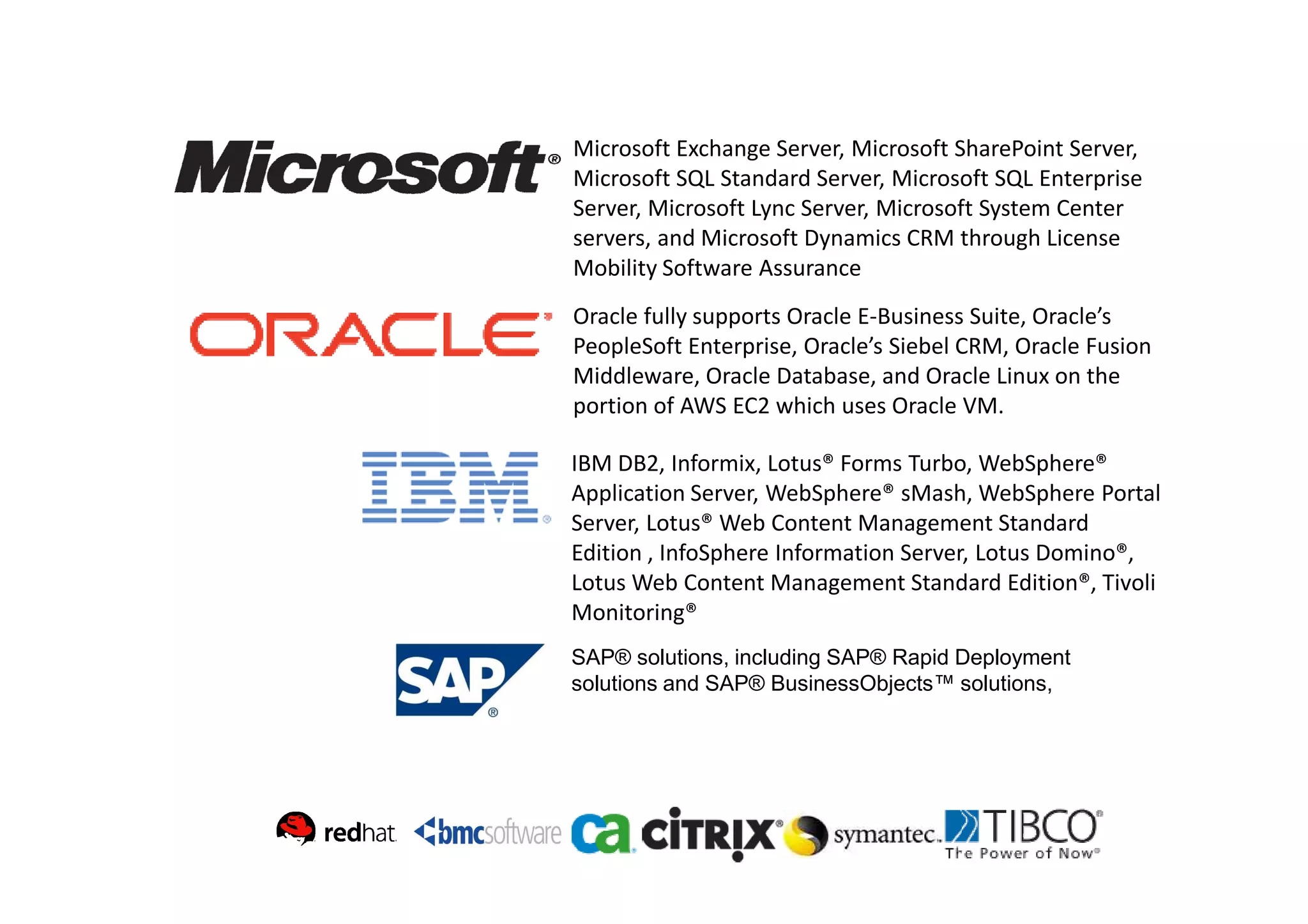 Microsoft Exchange Server, Microsoft SharePoint Server,
Microsoft SQL Standard Server, Microsoft SQL Enterprise
Server, Microsoft Lync Server, Microsoft System Center
servers, and Microsoft Dynamics CRM through License
Mobility Software Assurance
Oracle fully supports Oracle E-Business Suite, Oracle’s
PeopleSoft Enterprise, Oracle’s Siebel CRM, Oracle Fusion
Middleware, Oracle Database, and Oracle Linux on the
portion of AWS EC2 which uses Oracle VM.

IBM DB2, Informix, Lotus® Forms Turbo, WebSphere®
Application Server, WebSphere® sMash, WebSphere Portal
Server, Lotus® Web Content Management Standard
Edition , InfoSphere Information Server, Lotus Domino®,
Lotus Web Content Management Standard Edition®, Tivoli
Monitoring®
SAP® solutions, including SAP® Rapid Deployment
solutions and SAP® BusinessObjects™ solutions,
 
