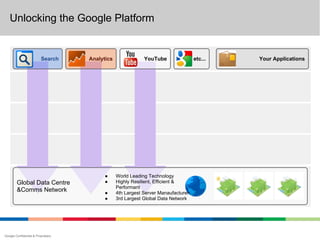 Unlocking the Google Platform


                         Search     Analytics               YouTube                etc...   Your Applications




                                          ●     World Leading Technology
        Global Data Centre                ●     Highly Resilient, Efficient &
                                                Performant
        &Comms Network                    ●     4th Largest Server Manaufacturer
                                          ●     3rd Largest Global Data Network




Google Confidential & Proprietary
 