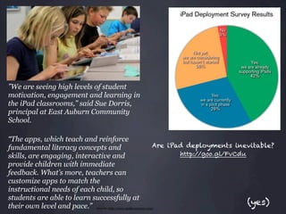 ”We are seeing high levels of student
motivation, engagement and learning in
the iPad classrooms,” said Sue Dorris,
principal at East Auburn Community
School.

“The apps, which teach and reinforce
fundamental literacy concepts and                              Are iPad deployments inevitable?
skills, are engaging, interactive and                                 http://goo.gl/FvCdu
provide children with immediate
feedback. What’s more, teachers can
customize apps to match the
instructional needs of each child, so
students are able to learn successfully at
their own level and pace.” Source: http://www.ipadinschools.com/                          (yes)
 