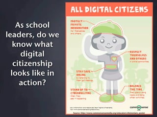 As school
leaders, do we
   know what
      digital
   citizenship
  looks like in
     action?


                  Source: http://www.commonsensemedia.org/educators/elementary_poster
 