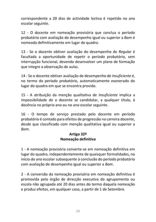 29
correspondente a 20 dias de actividade lectiva é repetido no ano
escolar seguinte.
12 - O docente em nomeação provisória que conclua o período
probatório com avaliação do desempenho igual ou superior a Bom é
nomeado definitivamente em lugar do quadro.
13 - Se o docente obtiver avaliação do desempenho de Regular é
facultada a oportunidade de repetir o período probatório, sem
interrupção funcional, devendo desenvolver um plano de formação
que integre a observação de aulas.
14 - Se o docente obtiver avaliação de desempenho de Insuficiente é,
no termo do período probatório, automaticamente exonerado do
lugar do quadro em que se encontra provido.
15 - A atribuição da menção qualitativa de Insuficiente implica a
impossibilidade de o docente se candidatar, a qualquer título, à
docência no próprio ano ou no ano escolar seguinte.
16 - O tempo de serviço prestado pelo docente em período
probatório é contado para efeitos de progressão na carreira docente,
desde que classificado com menção qualitativa igual ou superior a
Bom.
Artigo 32º
Nomeação definitiva
1 - A nomeação provisória converte-se em nomeação definitiva em
lugar do quadro, independentemente de quaisquer formalidades, no
início do ano escolar subsequente à conclusão do período probatório
com avaliação de desempenho igual ou superior a Bom.
2 - A conversão da nomeação provisória em nomeação definitiva é
promovida pelo órgão de direcção executiva do agrupamento ou
escola não agrupada até 20 dias antes do termo daquela nomeação
e produz efeitos, em qualquer caso, a partir de 1 de Setembro.
 