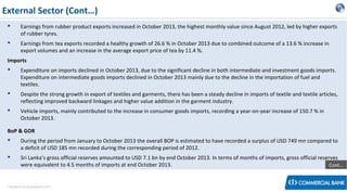 External Sector (Cont…)


Earnings from rubber product exports increased in October 2013, the highest monthly value since August 2012, led by higher exports
of rubber tyres.



Earnings from tea exports recorded a healthy growth of 26.6 % in October 2013 due to combined outcome of a 13.6 % increase in
export volumes and an increase in the average export price of tea by 11.4 %.

Imports


Expenditure on imports declined in October 2013, due to the significant decline in both intermediate and investment goods imports.
Expenditure on intermediate goods imports declined in October 2013 mainly due to the decline in the importation of fuel and
textiles.



Despite the strong growth in export of textiles and garments, there has been a steady decline in imports of textile and textile articles,
reflecting improved backward linkages and higher value addition in the garment industry.



Vehicle imports, mainly contributed to the increase in consumer goods imports, recording a year-on-year increase of 150.7 % in
October 2013.

BoP & GOR


During the period from January to October 2013 the overall BOP is estimated to have recorded a surplus of USD 749 mn compared to
a deficit of USD 185 mn recorded during the corresponding period of 2012.



Sri Lanka’s gross official reserves amounted to USD 7.1 bn by end October 2013. In terms of months of imports, gross official reserves
were equivalent to 4.5 months of imports at end October 2013.
Cont…

< Research & Development Unit >

 