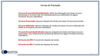 4) Lucro Presumido/Real/Arbitrado: Além da tributação com base no lucro
presumido e no lucro real, foi tributada pelo lucro arbitrado em algum
trimestre do ano-calendário.
5) Lucro Presumido: Apurou imposto de renda com base no lucro presumido.
6) Lucro Arbitrado: Apurou imposto de renda com base no lucro arbitrado em
todos os trimestres do ano-calendário.
7) Lucro Presumido/Arbitrado: Apurou imposto de renda com base no lucro
presumido, com arbitramento da base de cálculo em algum trimestre do ano-
calendário.
8) Imune do IRPJ: É imune do imposto de renda.
9) Isenta do IRPJ: É isenta do imposto de renda.
Formas de Tributação
109
 
