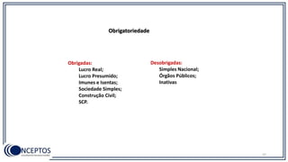 Obrigadas:
Lucro Real;
Lucro Presumido;
Imunes e Isentas;
Sociedade Simples;
Construção Civil;
SCP.
Obrigatoriedade
Desobrigadas:
Simples Nacional;
Órgãos Públicos;
Inativas
37
 