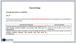 50
Prazo de Entrega
Instrução Normativa no 1.420/2013
Art. 5º
A ECD será transmitida anualmente até o último dia útil do mês de maio do ano seguinte ao ano-calendário a
que se refira a escrituração.
 