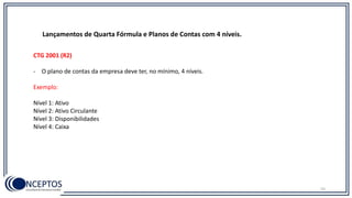 Lançamentos de Quarta Fórmula e Planos de Contas com 4 níveis.
CTG 2001 (R2)
- O plano de contas da empresa deve ter, no mínimo, 4 níveis.
Exemplo:
Nível 1: Ativo
Nível 2: Ativo Circulante
Nível 3: Disponibilidades
Nível 4: Caixa
55
 