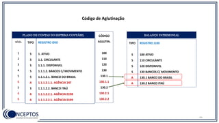 64
REGISTRO I050
1. ATIVO
1.1. CIRCULANTE
1.1.1. DISPONIVEL
1.1.1.2. BANCOS C/ MOVIMENTO
1.1.1.2.1. BANCO DO BRASIL
1.1.1.2.1.1. AGÊNCIA 247
1.1.1.2.2. BANCO ITAÚ
1.1.1.2.2.1. AGÊNCIA 0198
1.1.1.2.2.1. AGÊNCIA 0199
NÍVEL
1
2
3
4
5
6
5
6
6
TIPO
S
S
S
S
S
A
S
A
A
PLANO DE CONTAS DO SISTEMA CONTÁBIL
Código de Aglutinação
REGISTRO J100
100 ATIVO
110 CIRCULANTE
120 DISPONIVEL
130 BANCOS C/ MOVIMENTO
130.1 BANCO DO BRASIL
130.2 BANCO ITAÚ
BALANÇO PATRIMONIALCÓDIGO
AGLUTIN.
100
110
120
130
130.1
130.1.1
130.2
130.2.1
130.2.2
TIPO
S
S
S
S
A
A
 