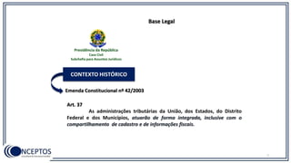 Emenda Constitucional nº 42/2003
CONTEXTO HISTÓRICO
Art. 37
As administrações tributárias da União, dos Estados, do Distrito
Federal e dos Municípios, atuarão de forma integrada, inclusive com o
compartilhamento de cadastro e de informações fiscais.
Base Legal
Presidência da República
Casa Civil
Subchefia para Assuntos Jurídicos
7
 