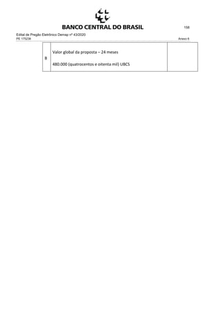 Edital de Pregão Eletrônico Demap nº 43/2020
PE 175236 Anexo 6
158
B
Valor global da proposta – 24 meses
480.000 (quatrocentos e oitenta mil) UBCS
 