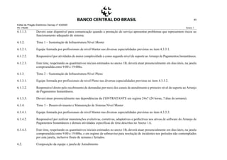 Edital de Pregão Eletrônico Demap nº 43/2020
PE 175236 Anexo 1
40
6.1.1.3. Deverá estar disponível para comunicação quando a prestação do serviço apresentar problemas que representem riscos ao
funcionamento adequado do sistema.
6.1.2. Time 1 – Sustentação de Infraestrutura Nível Master
6.1.2.1. Equipe formada por profissionais de nível Master nas diversas especialidades previstas no item 4.3.3.1.
6.1.2.2. Responsável por atividades de maior complexidade e como segundo nível de suporte ao Arranjo de Pagamentos Instantâneos.
6.1.2.3. Este time, respeitando os quantitativos iniciais estimados no anexo 1B, deverá atuar presencialmente em dias úteis, na janela
compreendida entre 9:00 e 19:00hs.
6.1.3. Time 2 – Sustentação de Infraestrutura Nível Pleno
6.1.3.1. Equipe formada por profissionais de nível Pleno nas diversas especialidades previstas no item 4.3.3.2.
6.1.3.2. Responsável direto pelo recebimento de demandas por meio dos canais de atendimento e primeiro nível de suporte ao Arranjo
de Pagamentos Instantâneos.
6.1.3.3. Deverá atuar presencialmente nas dependências da CONTRATANTE em regime 24x7 (24 horas, 7 dias da semana).
6.1.4. Time 3 – Desenvolvimento e Manutenção de Sistema Nível Master
6.1.4.1. Equipe formada por profissionais de nível Master nas diversas especialidades previstas no item 4.3.3.3.
6.1.4.2. Responsável por realizar manutenções evolutivas, corretivas, adaptativas e perfectivas nos ativos de software do Arranjo de
Pagamentos Instantâneos e demais atividades específicas do time descritas no Anexo 1A.
6.1.4.3. Este time, respeitando os quantitativos iniciais estimados no anexo 1B, deverá atuar presencialmente em dias úteis, na janela
compreendida entre 9:00 e 19:00hs, e em regime de sobreaviso para resolução de incidentes nos períodos não contemplados
por esta janela, inclusive finais de semana e feriados.
6.2. Composição da equipe e janela de Atendimento
 