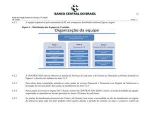 Edital de Pregão Eletrônico Demap nº 43/2020
PE 175236 Anexo 1
41
6.2.1. A equipe responsável pela sustentação do PI será composta e distribuída conforme figura a seguir:
Figura 1 – Distribuição das Equipes de Trabalho
6.2.2. A CONTRATADA deverá observar as Janelas de Serviços de cada time e do Gerente de Operações conforme ilustrado na
Figura 1 e descrito nos subitens do item 5.2.3.
6.2.3. Para efeito desta contratação entende-se como janela de serviço Presencial e Presencial com Regime de Sobreaviso a
prestação de serviços dentro das janelas de atendimento do item 5.2.3.
6.2.4. Para a janela de serviço no regime 24x7, ficará a critério da CONTRATADA definir o turno e a escala de trabalho da equipe,
respeitando os quantitativos iniciais previstos no Anexo 1B dentro de cada turno.
6.2.5. As janelas de atendimento presencial dos Times e do Gerente, bem como a necessidade ou não do atendimento em regime
de sobreaviso para cada um deles poderão sofrer ajustes durante o período de contrato, ao único e exclusivo critério da
 