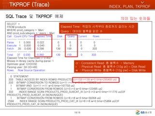 TKPROF (Trace) SQL Trace  및  TKPROF  예제 /18 SELECT  * FROM products WHERE prod_category = 'Men' AND prod_subcategory = 'Jeans - Men' Call  Count CPU Time Elapsed Time  Disk  Query  Current  Rows ------ ----- -------- ------------ ---------- ---------- ----------  Parse   1  0.000  0.022  0  0  0  0 Execute   1  0.000  0.040  0  0  0  0 Fetch   35  0.030  0.298  139  159  0  333 ------ ------ -------- ------------ ---------- ---------- ----------  Total  37  0.030  0.360  139  159  0  333 Elapsed Time for Client(sec.): 0.402 Misses in library cache during parse: 1 Optimizer goal: CHOOSE Parsing user: SH (ID=49) Rows  Row Source Operation -------  --------------------------------------------------- 0  STATEMENT 333  TABLE ACCESS BY INDEX ROWID PRODUCTS  (cr=159 r=139 w=0 time=295493 us) 333  BITMAP CONVERSION TO ROWIDS (cr=11 r=11 w=0 time=168426 us) 1  BITMAP AND  (cr=11 r=11 w=0 time=167759 us) 1  BITMAP CONVERSION FROM ROWIDS (cr=3 r=3 w=0 time=122495 us) 333  INDEX RANGE SCAN PRODUCTS_PROD_SUBCAT_IX (cr=3 r=3 w=0 time=111775 us)OF PRODUCTS_PROD_SUBCAT_IX (NONUNIQUE) 1  BITMAP CONVERSION FROM ROWIDS (cr=8 r=8 w=0 time=30264 us) 2594  INDEX RANGE SCAN PRODUCTS_PROD_CAT_IX (cr=8 r=8 w=0 time=25484 us)OF PRODUCTS_PROD_CAT_IX (NONUNIQUE) Elapsed Time:  작업의 시작부터 종료까지 걸리는 시간 Query :  데이터 블록을 읽은 수 INDEX, PLAN, TKPROF ^ 의미 있는 숫자들 cr : Consistent Read  총 블록수  - Memory r  : Physical Read  총 블록수 (10g pr)  –  Disk Read w  : Physical Write  총블록수 (10g pw)  –  Disk Write 