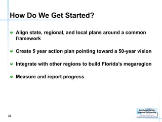 How Do We Get Started?

     Align state, regional, and local plans around a common
     framework

     Create 5 year action plan pointing toward a 50-year vision

     Integrate with other regions to build Florida’s megaregion

     Measure and report progress




23
 