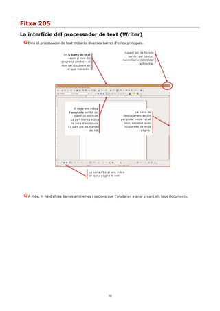 Fitxa 205
La interfície del processador de text (Writer)
   Dins el processador de text trobaràs diverses barres d'eines principals.




   A més, hi ha d'altres barres amb eines i opcions que t'ajudaran a anar creant els teus documents.




                                                     10
 