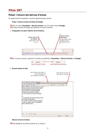 Fitxa 207
Posar i treure les barres d'eines
En aquest exercici posarem i treurem algunes barres d'eines.

    Posar i treure la barra d'eines d'imatge

    Obre el menú Visualitza > Barres d'eines i fes clic sobre l'opció Imatge.
    La barra d'eines d'imatge pot aparèixer de dues maneres:

 1. Integrada a la part inferior de la finestra




    Per a tancar la barra, seguirem el mateix procediment (Visualitza > Barres d'eines > Imatge).




 2. Surant sobre el text




    Moure la barra d'eines

    Pots desplaçar les barres d'eines on tu vulguis :


                                                        13
 