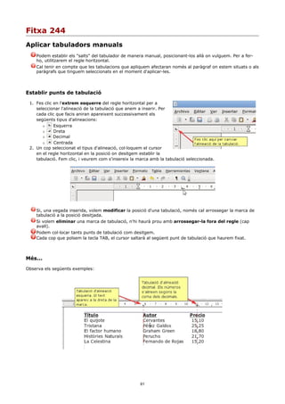 Fitxa 244
Aplicar tabuladors manuals
    Podem establir els "salts" del tabulador de manera manual, posicionant-los allà on vulguem. Per a fer-
    ho, utilitzarem el regle horitzontal.
    Cal tenir en compte que les tabulacions que apliquem afectaran només al paràgraf on estem situats o als
    paràgrafs que tinguem seleccionats en el moment d'aplicar-les.




Establir punts de tabulació

 1. Fes clic en l'extrem esquerre del regle horitzontal per a
    seleccionar l'alineació de la tabulació que anem a inserir. Per
    cada clic que facis aniran apareixent successivament els
    següents tipus d'alineacions:
            Esquerra
            Dreta
            Decimal
            Centrada
 2. Un cop seleccionat el tipus d'alineació, col·loquem el cursor
    en el regle horitzontal en la posició on desitgem establir la
    tabulació. Fem clic, i veurem com s'insereix la marca amb la tabulació seleccionada.




    Si, una vegada inserida, volem modificar la posició d'una tabulació, només cal arrossegar la marca de
    tabulació a la posició desitjada.
    Si volem eliminar una marca de tabulació, n'hi haurà prou amb arrossegar-la fora del regle (cap
    avall).
    Podem col·locar tants punts de tabulació com desitgem.
    Cada cop que polsem la tecla TAB, el cursor saltarà al següent punt de tabulació que haurem fixat.



Més...

Observa els següents exemples:




                                                     61
 