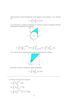 d) Para invertir el orden de integraci´on, basta despejar x en la ecuaci´on y = ln x. Tenemos
as´ı:
I =
1
0
dy
e
ey
f(x, y) dx.
e) Si observamos la regi´on de integraci´on, al cambiar el orden de integraci´on debemos
descomponer la integral en tres sumandos:
a 2a
a
2a
I =
a
0
dy
a−
√
a2−y2
y2/2a
f dx +
a
0
2a
a+
√
a2−y2
f dx +
2a
a
dy
2a
y2/2a
f dx.
f) La suma de las dos integrales dadas origina la regi´on dada por la ﬁgura.
1 2 8
1
8
1 2 8
1
8
Al cambiar el orden de integraci´on, queda sencillamente:
I =
8
1
dy
y
y1/3
f(x, y) dx.
8. Calcular las siguientes integrales:
(a)
2
1
dx
3x+1
2x
xy dy.
(b)
1
−1
dx
|x|
−2|x|
ex+y
dy.
(c)
1
0
dx
√
1−x2
0
1 − x2 − y2 dy.
3
 