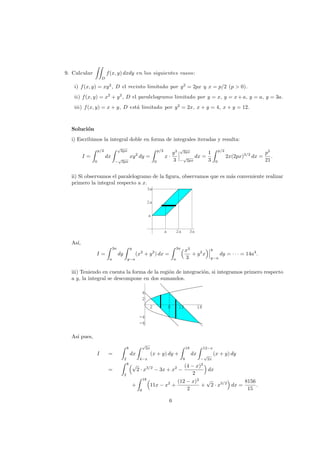 9. Calcular
D
f(x, y) dxdy en los siguientes casos:
i) f(x, y) = xy2
, D el recinto limitado por y2
= 2px y x = p/2 (p > 0).
ii) f(x, y) = x2
+ y2
, D el paralelogramo limitado por y = x, y = x+a, y = a, y = 3a.
iii) f(x, y) = x + y, D est´a limitado por y2
= 2x, x + y = 4, x + y = 12.
Soluci´on
i) Escribimos la integral doble en forma de integrales iteradas y resulta:
I =
p/2
0
dx
√
2px
−
√
2px
xy2
dy =
p/2
0
x ·
y3
3
√
2px
−
√
2px
dx =
1
3
p/2
0
2x(2px)3/2
dx =
p5
21
.
ii) Si observamos el paralelogramo de la ﬁgura, observamos que es m´as conveniente realizar
primero la integral respecto a x.
a 2a
3a
3a
a
2a
As´ı,
I =
3a
a
dy
y
y−a
(x2
+ y2
) dx =
3a
a
x3
3
+ y2
x
y
y−a
dy = · · · = 14a4
.
iii) Teniendo en cuenta la forma de la regi´on de integraci´on, si integramos primero respecto
a y, la integral se descompone en dos sumandos.
2 8 12 18
-6
-4
2
4
2 8 12 18
-6
-4
2
4
As´ı pues,
I =
8
2
dx
√
2x
4−x
(x + y) dy +
18
8
dx
12−x
−
√
2x
(x + y) dy
=
8
2
√
2 · x3/2
− 3x + x2
−
(4 − x)2
2
dx
+
18
8
11x − x2
+
(12 − x)2
2
+
√
2 · x3/2
dx =
8156
15
.
6
 