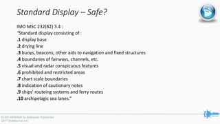 Standard Display – Safe?
IMO MSC 232(82) 3.4 :
“Standard display consisting of:
.1 display base
.2 drying line
.3 buoys, beacons, other aids to navigation and fixed structures
.4 boundaries of fairways, channels, etc.
.5 visual and radar conspicuous features
.6 prohibited and restricted areas
.7 chart scale boundaries
.8 indication of cautionary notes
.9 ships’ routeing systems and ferry routes
.10 archipelagic sea lanes.”
 
