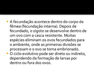 A fecundação acontece dentro do corpo da fêmea (fecundação interna). Depois de fecundado, o zigoto se desenvolve dentro de um ovo com a casca resistente. Muitas espécies eliminam os ovos fecundados para o ambiente, onde as primeiras divisões se processam e o ovo se torna embrionado. O ciclo evolutivo pode ser direto ou indireto, dependendo da formação de larvas por dentro ou fora dos ovos. 