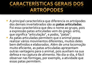 A principal característica que diferencia os artrópodes dos demais invertebrados são as  patas articuladas . Foi essa característica que deu o nome ao grupo, pois a expressão patas articuladas vem do grego:  artro , que significa "articulação", e  podos , "patas". As patas articuladas permitem que o animal possa realizar vários movimentos diferentes, muitos deles bem definidos e elaborados. Além de uma locomoção muito eficiente, as patas articuladas apresentam outras vantagens para o animal, pois auxiliam na sua defesa e na captura de alimento. No dia-a-dia, é fácil observar nas formigas, por exemplo, a atividade que essas patas permitem. 