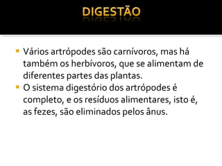 Vários artrópodes são carnívoros, mas há também os herbívoros, que se alimentam de diferentes partes das plantas. O sistema digestório dos artrópodes é completo, e os resíduos alimentares, isto é, as fezes, são eliminados pelos ânus. 