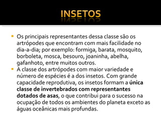 Os principais representantes dessa classe são os artrópodes que encontram com mais facilidade no dia-a-dia; por exemplo: formiga, barata, mosquito, borboleta, mosca, besouro, joaninha, abelha, gafanhoto, entre muitos outros. A classe dos artrópodes com maior variedade e número de espécies é a dos insetos. Com grande capacidade reprodutiva, os insetos formam a  única classe de invertebrados com representantes dotados de asas , o que contribui para o sucesso na ocupação de todos os ambientes do planeta exceto as águas oceânicas mais profundas. 